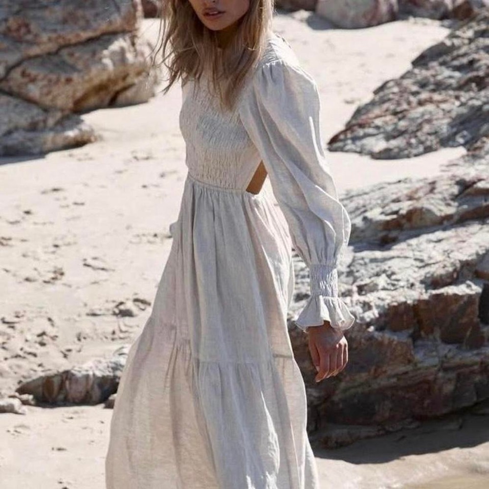 NWT Dissh Jorja Natural Linen Midi Dress Sz 10 w/ back cut out & smocked bodice